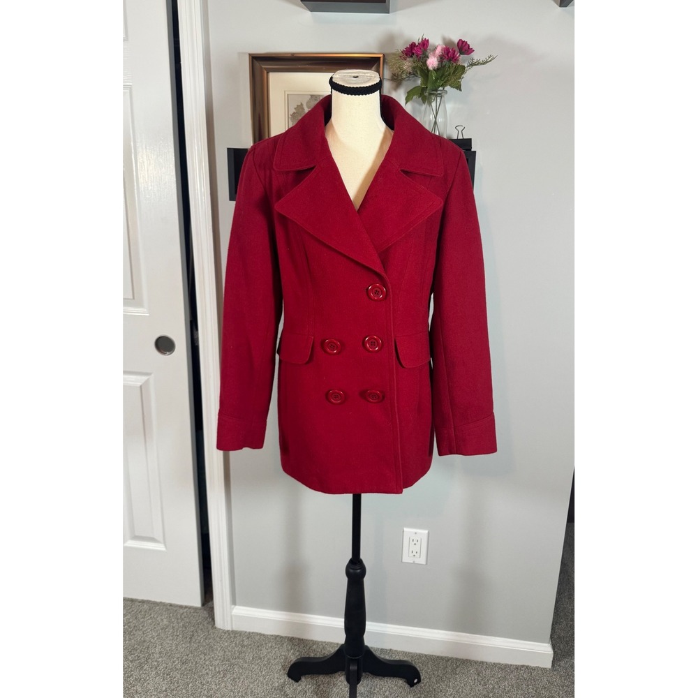 Vintage New York & Company Red Wool Blend Double Breasted Pea Coat Womens 12